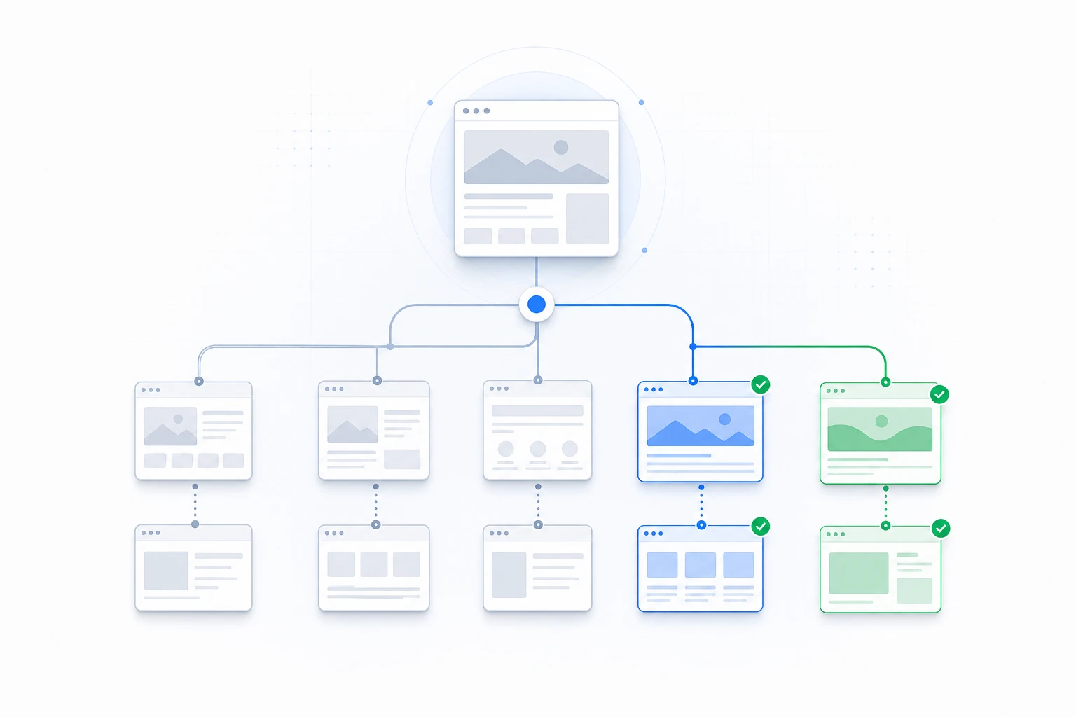 Illustration of a WordPress site moving selected content routes to redesigned themes while other routes remain on the current theme